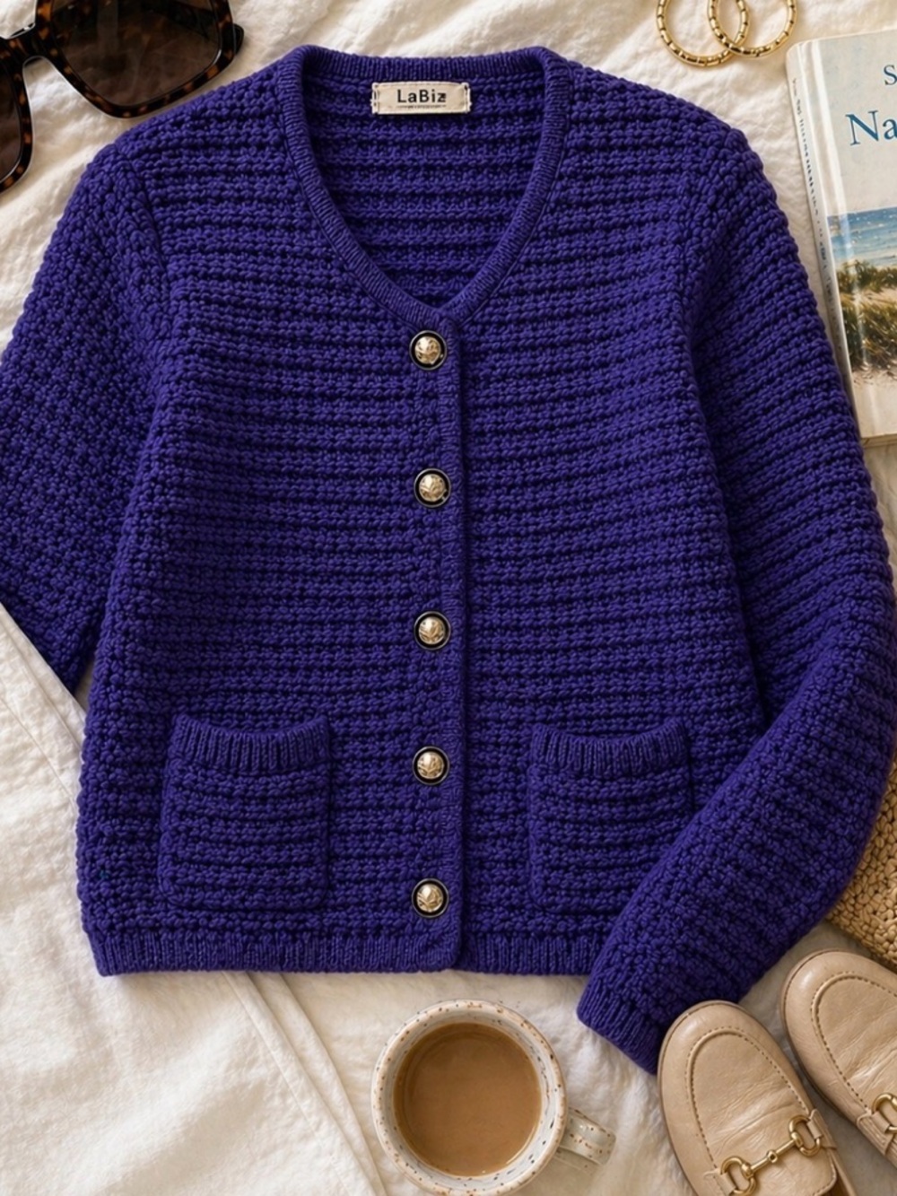 Purple Knit Cardigan Gold Buttons Quiet Luxury Luxe Sweater Y2k Prep Old Money L
